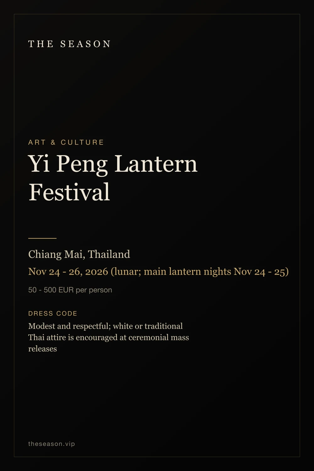 Yi Peng Lantern Festival, Chiang Mai, Thailand, Nov 24 - 26, 2026 (lunar; main lantern nights Nov 24 - 25)